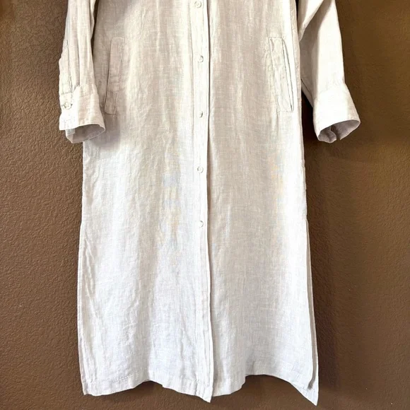 Caslon Linen Duster Long Sleeves Shirt Midi Dress Light Beige Tan Side Slit Sz M - Picture 5 of 11